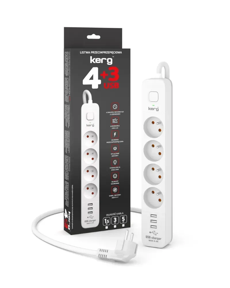 Przedłużacz przeciwprzepięciowy Kerg z wyłącznikiem 4 gniazda z uziemieniem + 3x USB 1,5m 16A