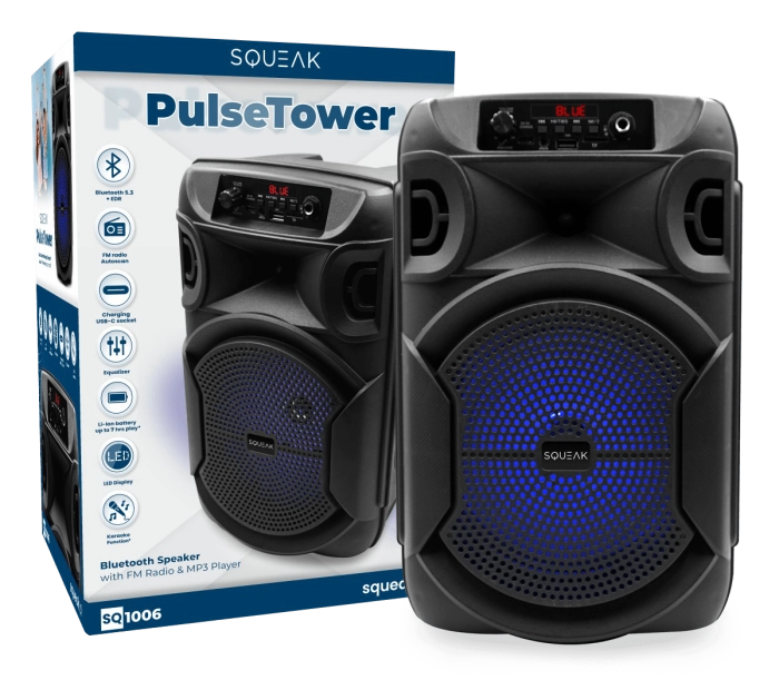 Głośnik bluetooth przenośny Squeak PulseTower radio FM USB-C AUX 35W