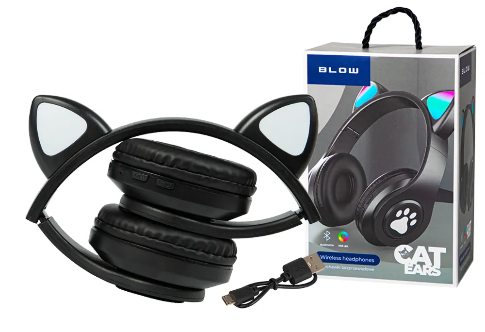 Słuchawki bezprzewodowe Bluetooth dla dzieci BLOW z uszami LED - czarne
