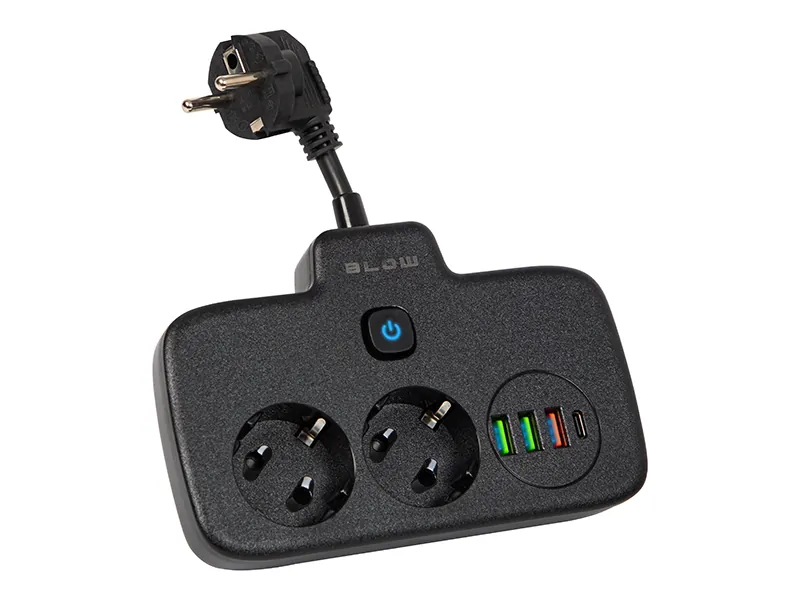 Rozgałęźnik sieciowy BLOW 2 gniazda + 3x USB + 1x USB-C 10cm - czarny