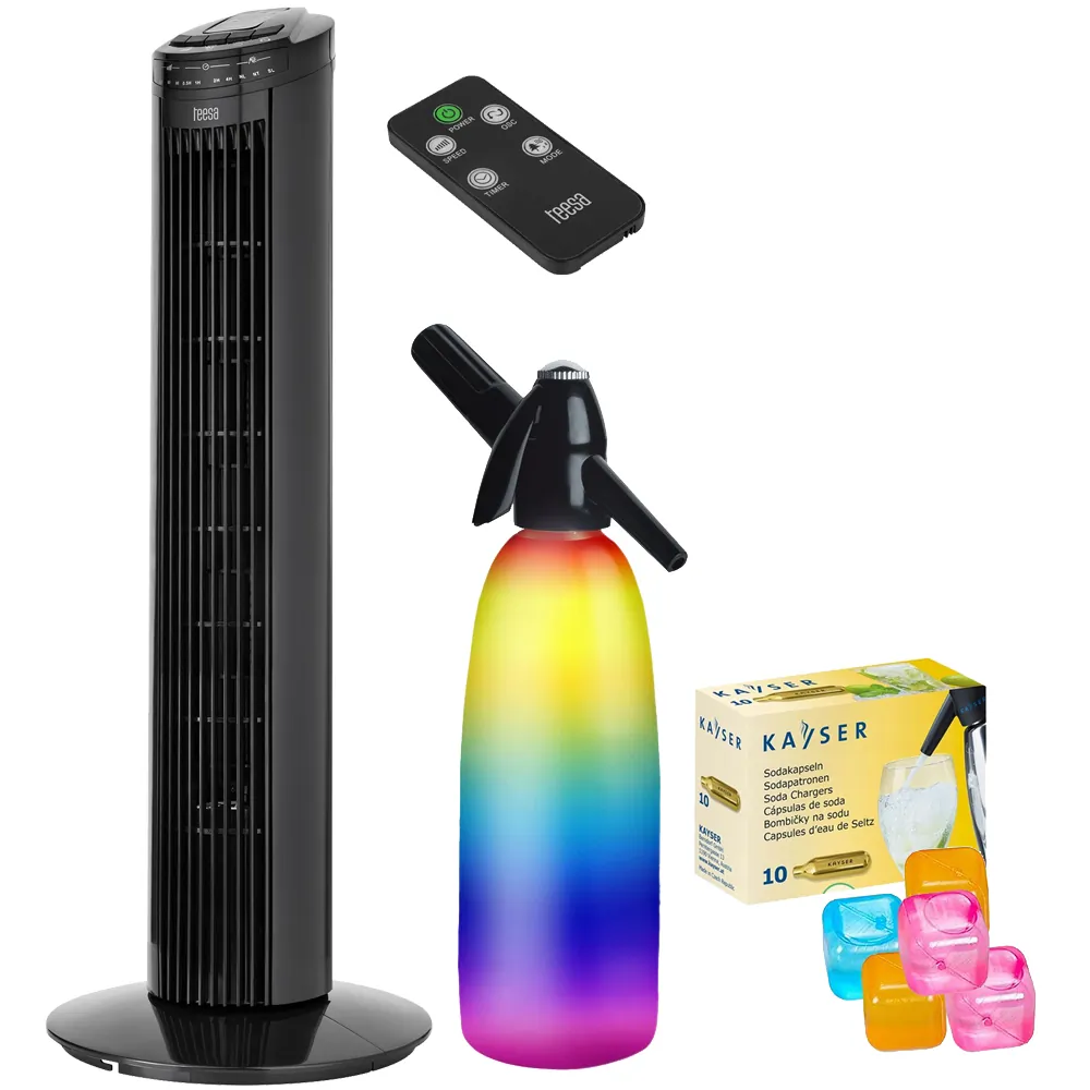 Wentylator kolumnowy 50W 74 cm z pilotem + saturator do wody + 10 naboi + 5 kostek lodu