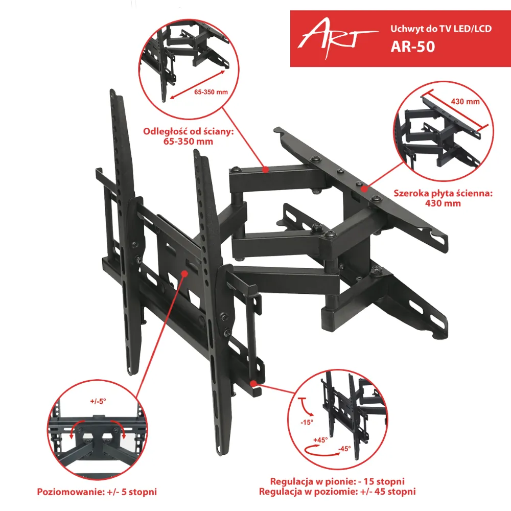 Uchwyt do telewizora ścienny ART AR-50 do TV LCD 23-60 cali 45kg z regulacją pion i poziom