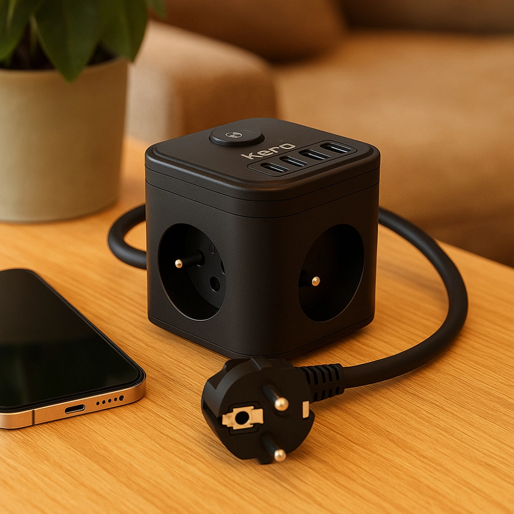 Kostka zasilająca 3-gniazdowa + ładowarka 2xUSB + 2xUSB-C 1,5m 16A/250V KERG Smart czarna