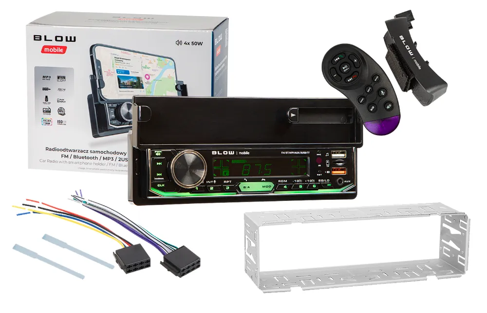 Radio samochodowe BLOW AVH-8970 z uchwytem na telefon Bluetooth 2xUSB SD aplikacja + pilot na kierownicę