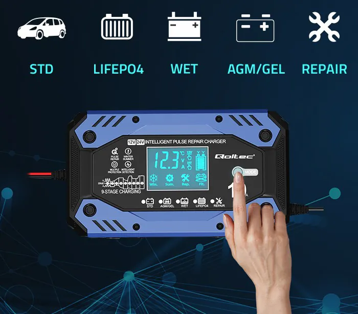 Inteligentna 9-stopniowa ładowarka do akumulatorów STD AGM GEL LiFePO4 prostownik Qoltec z funkcją naprawy 12-24V 10A