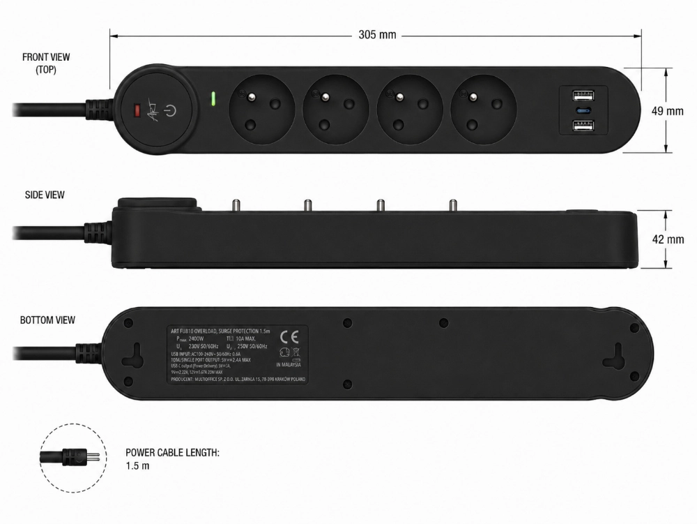 Listwa przeciwprzepięciowa 1.5m SPD3 4 gniazda 10A 2x USB-A USB-C 2,6A czarna