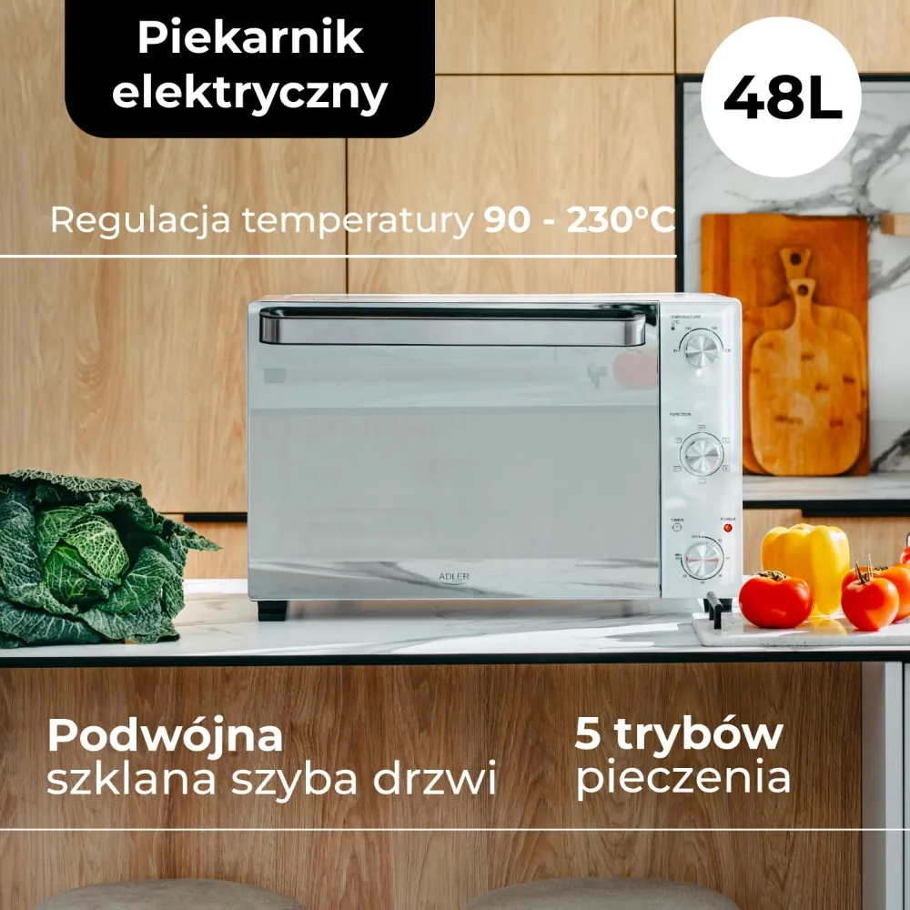 Piekarnik elektryczny 48L Adler AD 6027 + blacha do pieczenia + ruszt z uchwytem + rożen