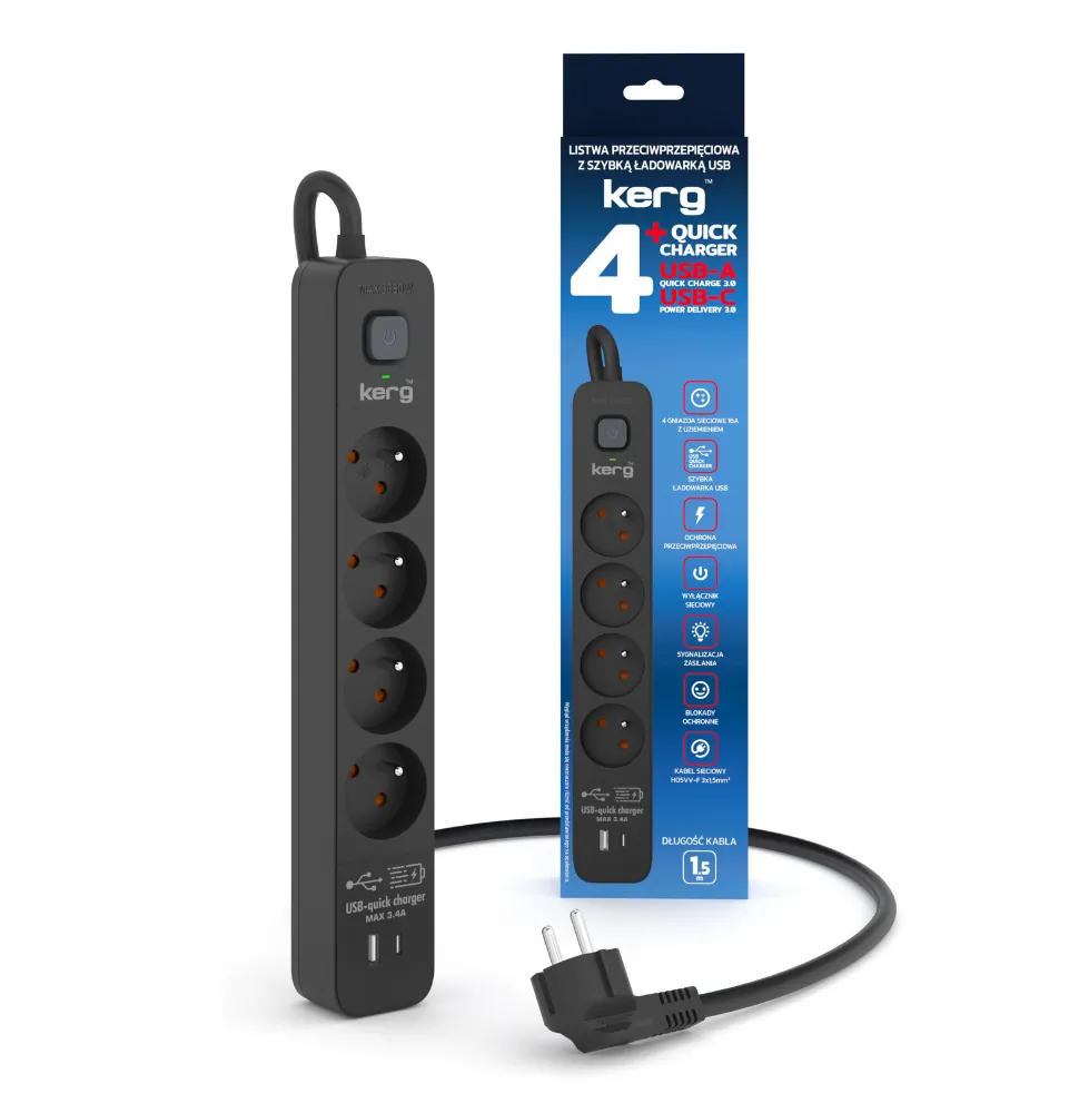 Listwa zasilająca przeciwprzepięciowa Kerg z wyłącznikiem 4 gniazda z uziemieniem USB QC + USB-C QC 1,5m 16A 