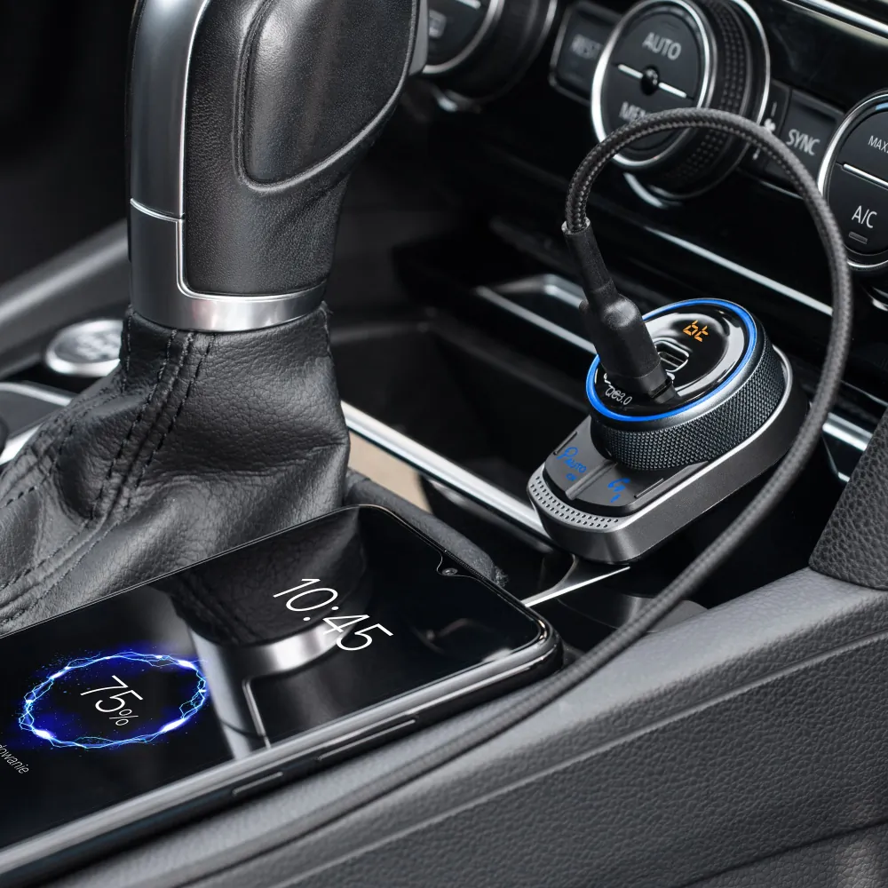 Podświetlany transmiter FM samochodowy z zestawem głośnomówiącym Peiying Bluetooth USB QC + USB-C PD