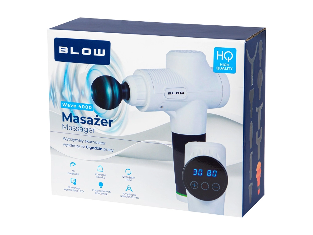 Pistolet do masażu masażer BLOW Wave 4000 BIAŁY + 10 końcówek + walizka
