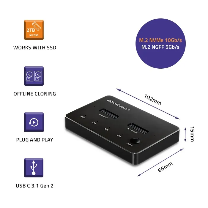 Stacja dokująca dysków Qoltec 2x SSD M.2 NVMe SATA USB-C DUAL 2x 2TB