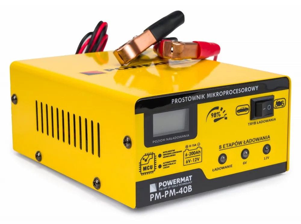 Prostownik mikroprocesorowy akumulatorowy 6/12V Powermat PM-PM-40B 8-etapowy LCD
