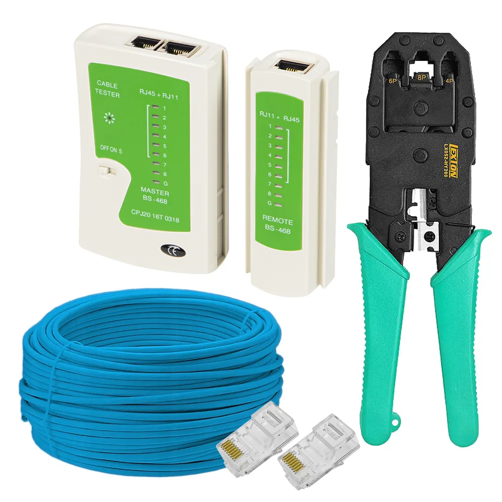 Zestaw kabel sieciowy LAN UTP KAT-5E 20m + zaciskarka + tester + 2x wtyk RJ45 