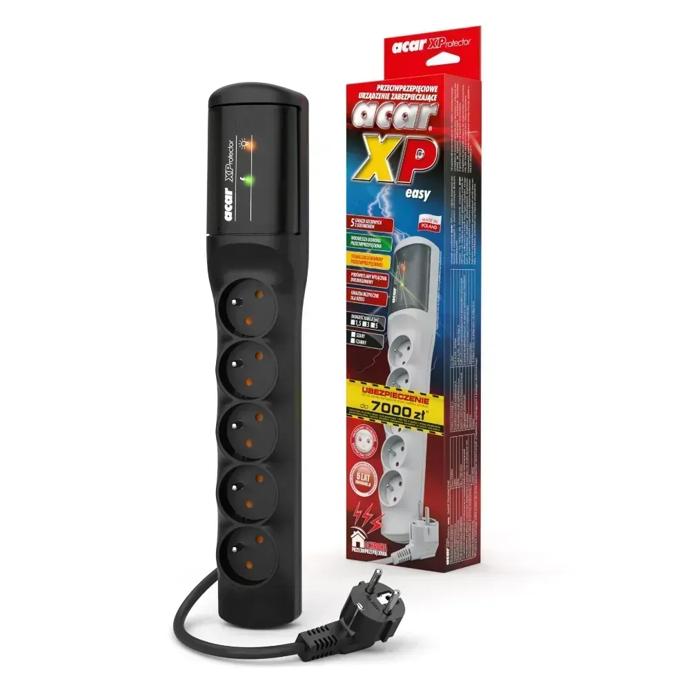 Listwa przedłużacz przeciwprzepięciowy ACAR XProtector easy 1,5m 5 gniazd 10A czarna