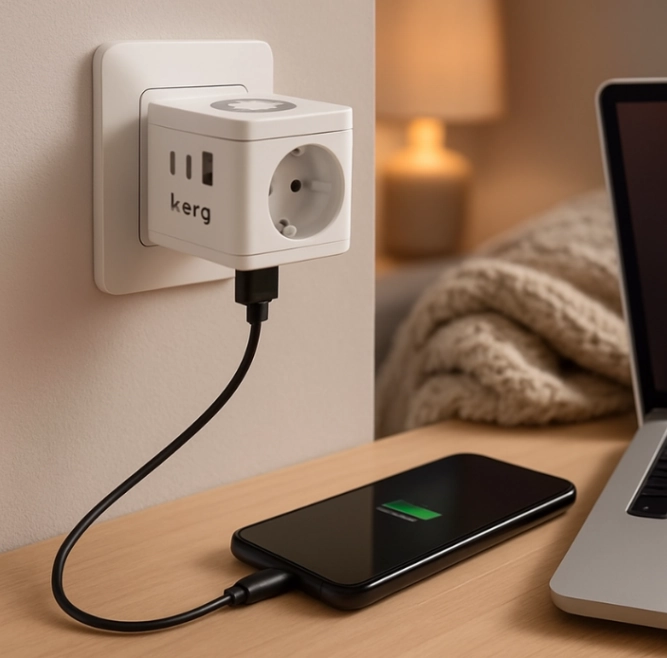 Kostka zasilająca 2-gniazdowa + ładowarka USB + USB-C + lampka LED 16A/250V KERG Smart biała
