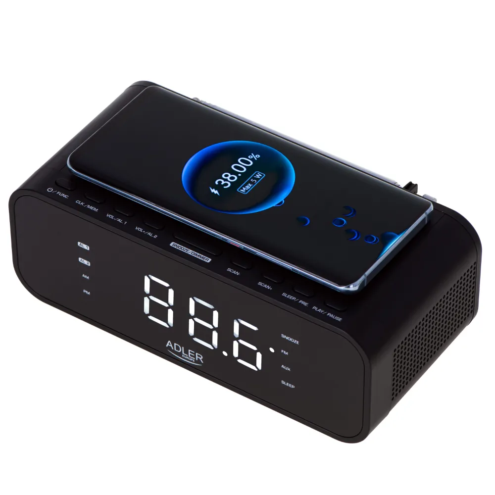 Radiobudzik z ładowarką bezprzewodową Adler AD 1192B Bluetooth AUX - czarny
