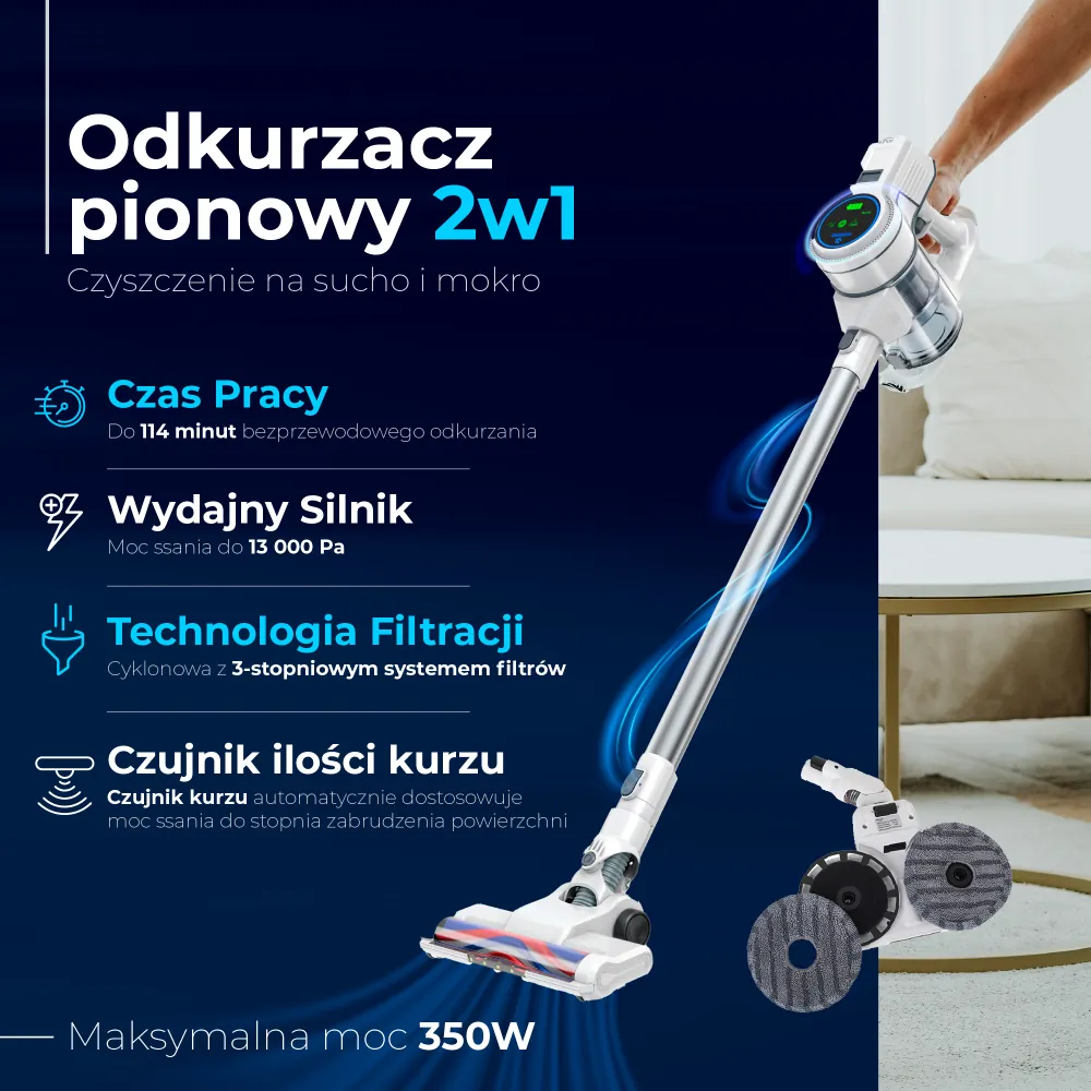Bezprzewodowy odkurzacz pionowy 2w1 Adler AD 7064 do czyszczenia na sucho i na mokro do podłóg twardych