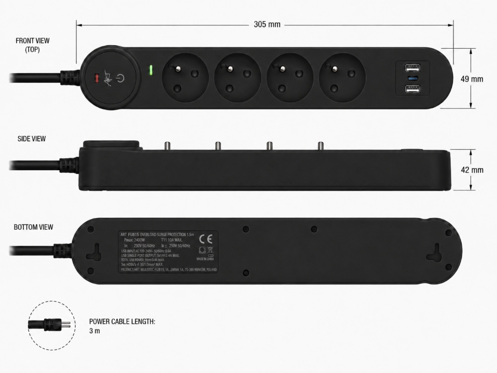 Listwa przeciwprzepięciowa 3m SPD3 4 gniazda 10A 2x USB-A USB-C 2,6A czarna